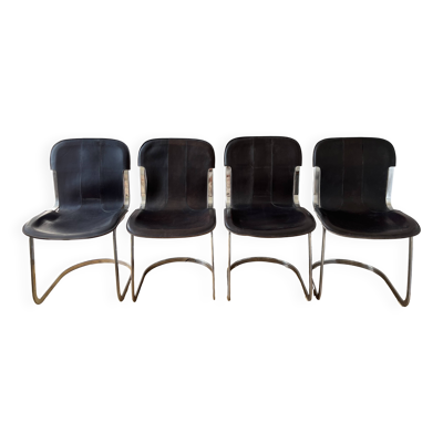4 chaises c2 de cidue italy, en métal chromé et cuir marron foncé. année 70