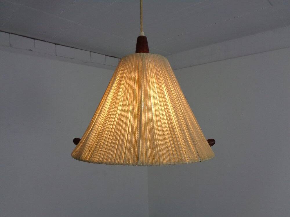 Teak and sisal ceiling lamp from Temde, 1960s