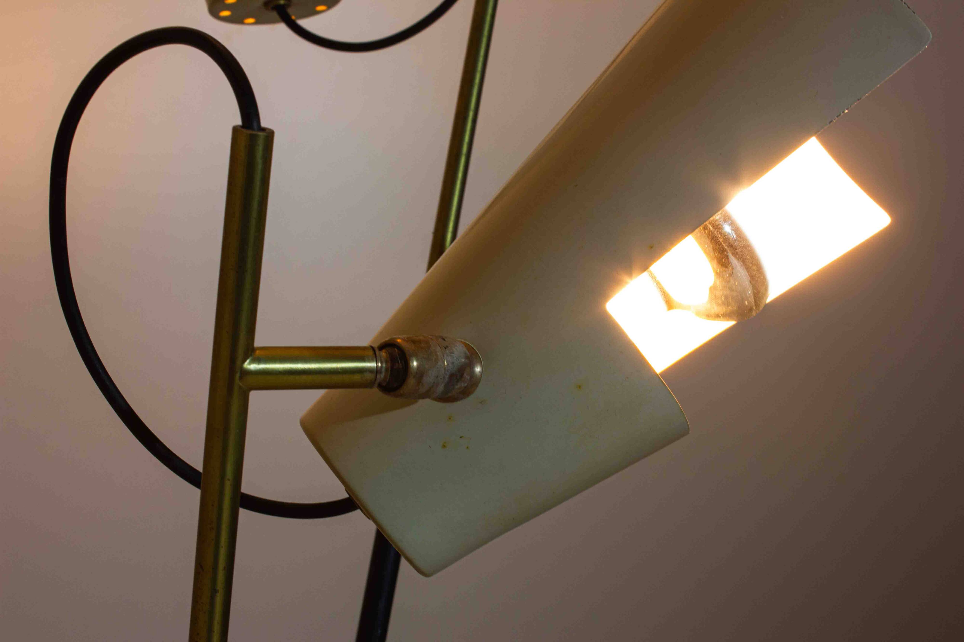 Unique tripod floor lamp by Stilnovo with white shades, Italy 1960s