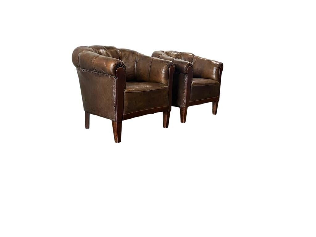 Set of 2 vintage Art Deco individual armchairs/seats in cognac leather.