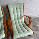 Set of 2 Vintage Mint Green Upholstered Lounge Chairs with Honey Wood Frames