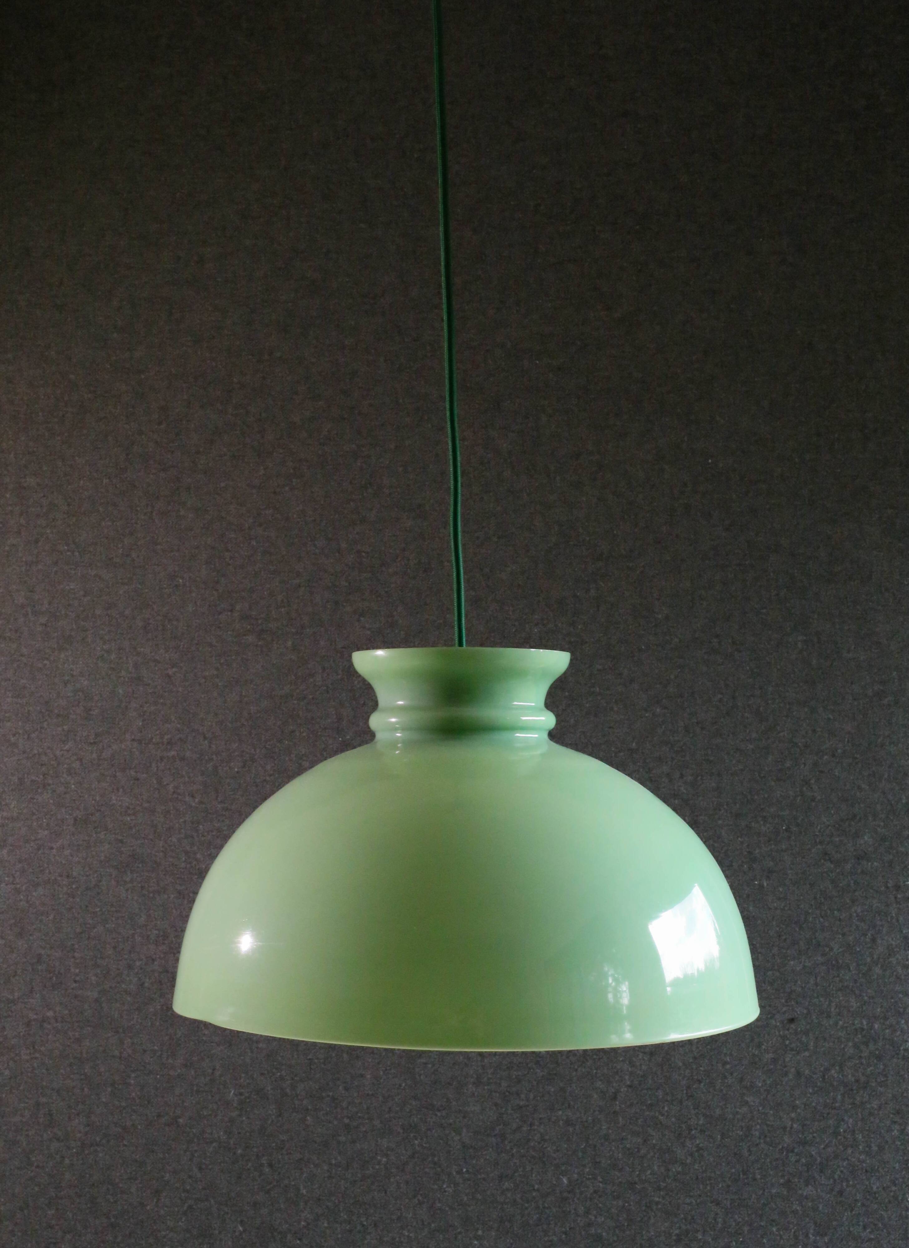 Old semi-round opaline pendant light in green glass - large model - circa 1950