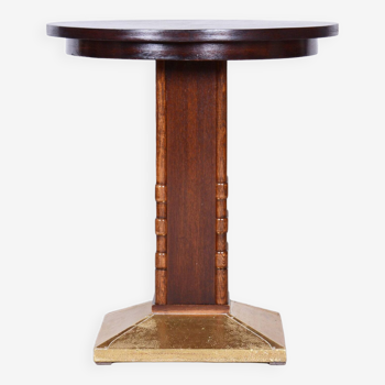 Restored Art Deco Small Table, Oak, Brass, Revived Polish, Czechia, 1920s