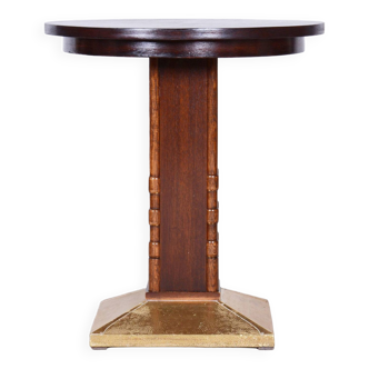 Restored Art Deco Small Table, Oak, Brass, Revived Polish, Czechia, 1920s