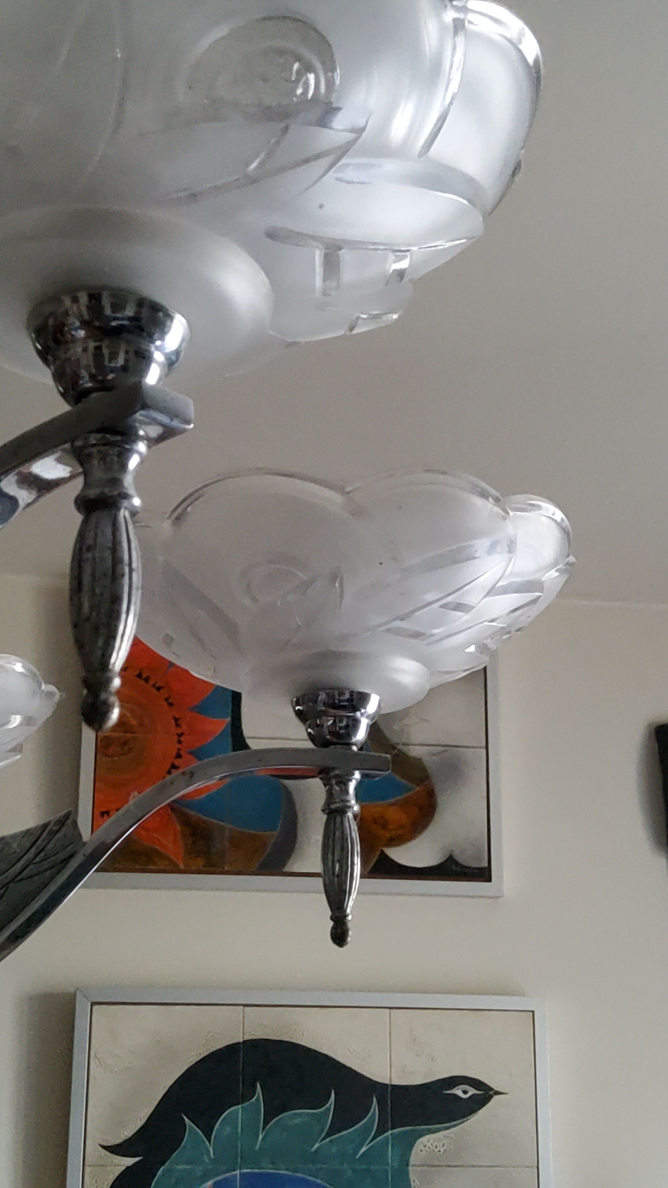 Art deco chandelier in chromed metal and glass 6 arms of lights