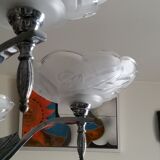 Art deco chandelier in chromed metal and glass 6 arms of lights