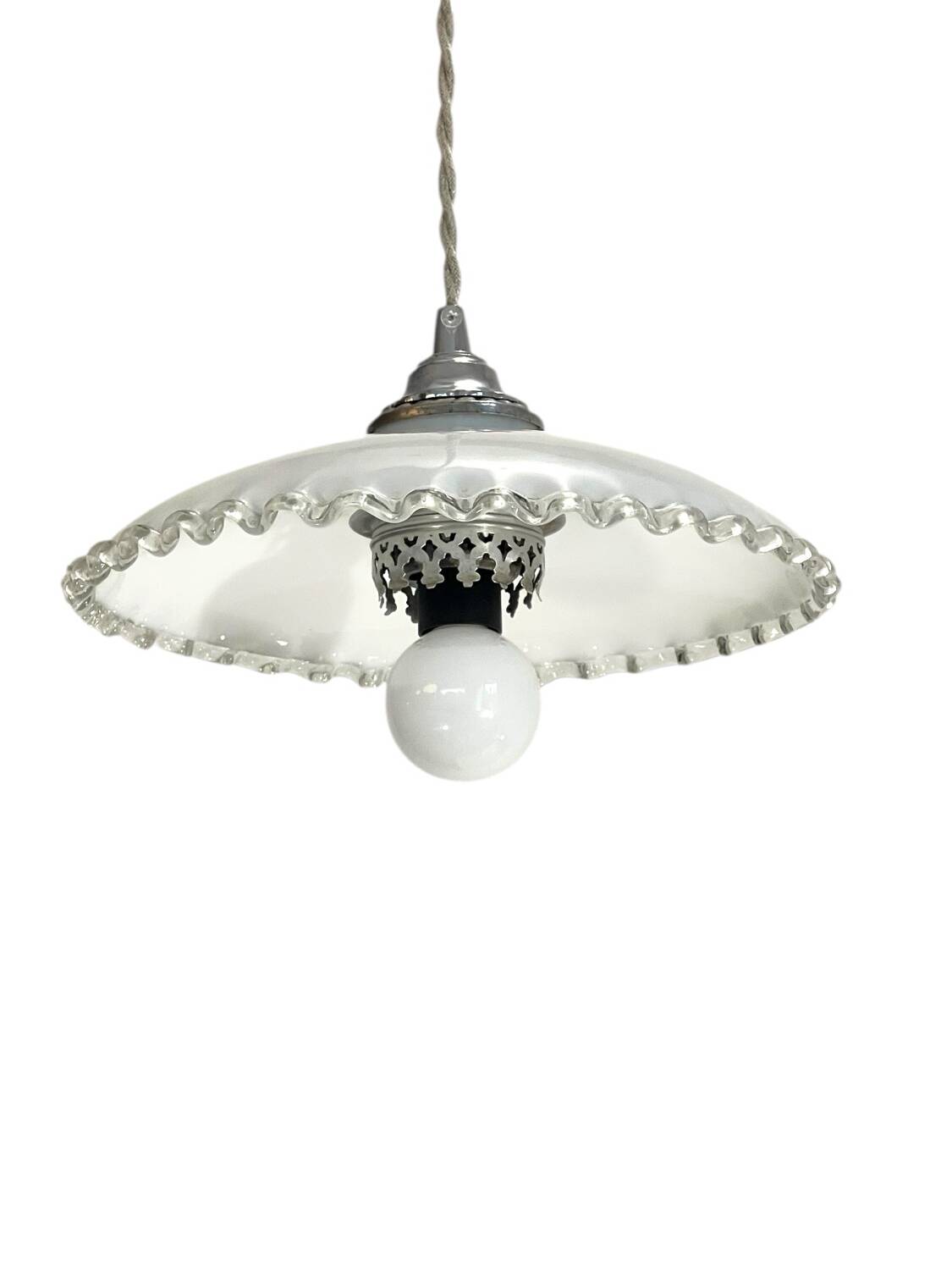Art Deco opaline pendant light with metal lace balcony