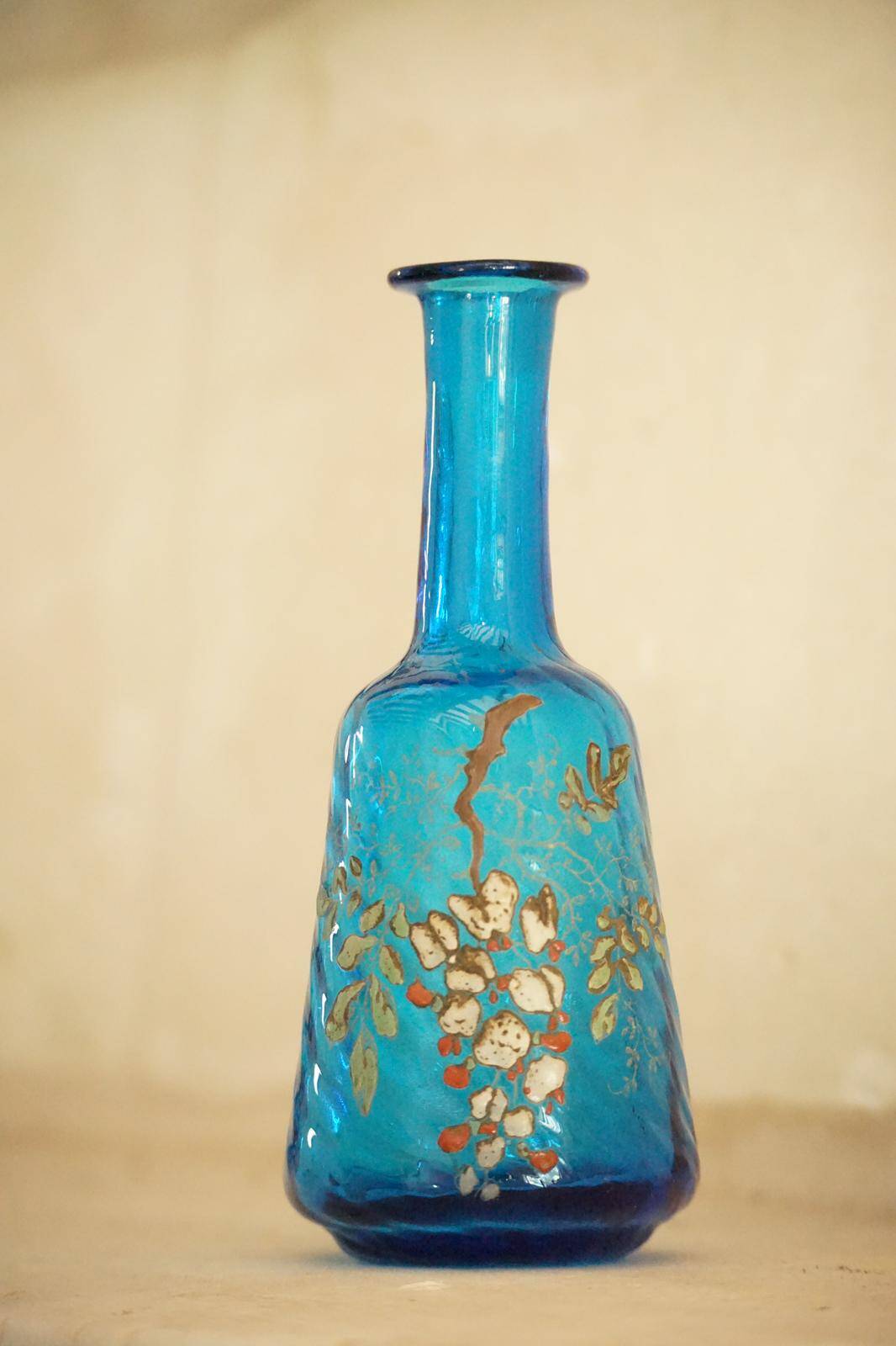 Legras blue enamelled glass carafe with wisteria decoration