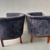 Pair of vintage barrel chairs in blue-grey velvet - 1950s/60s