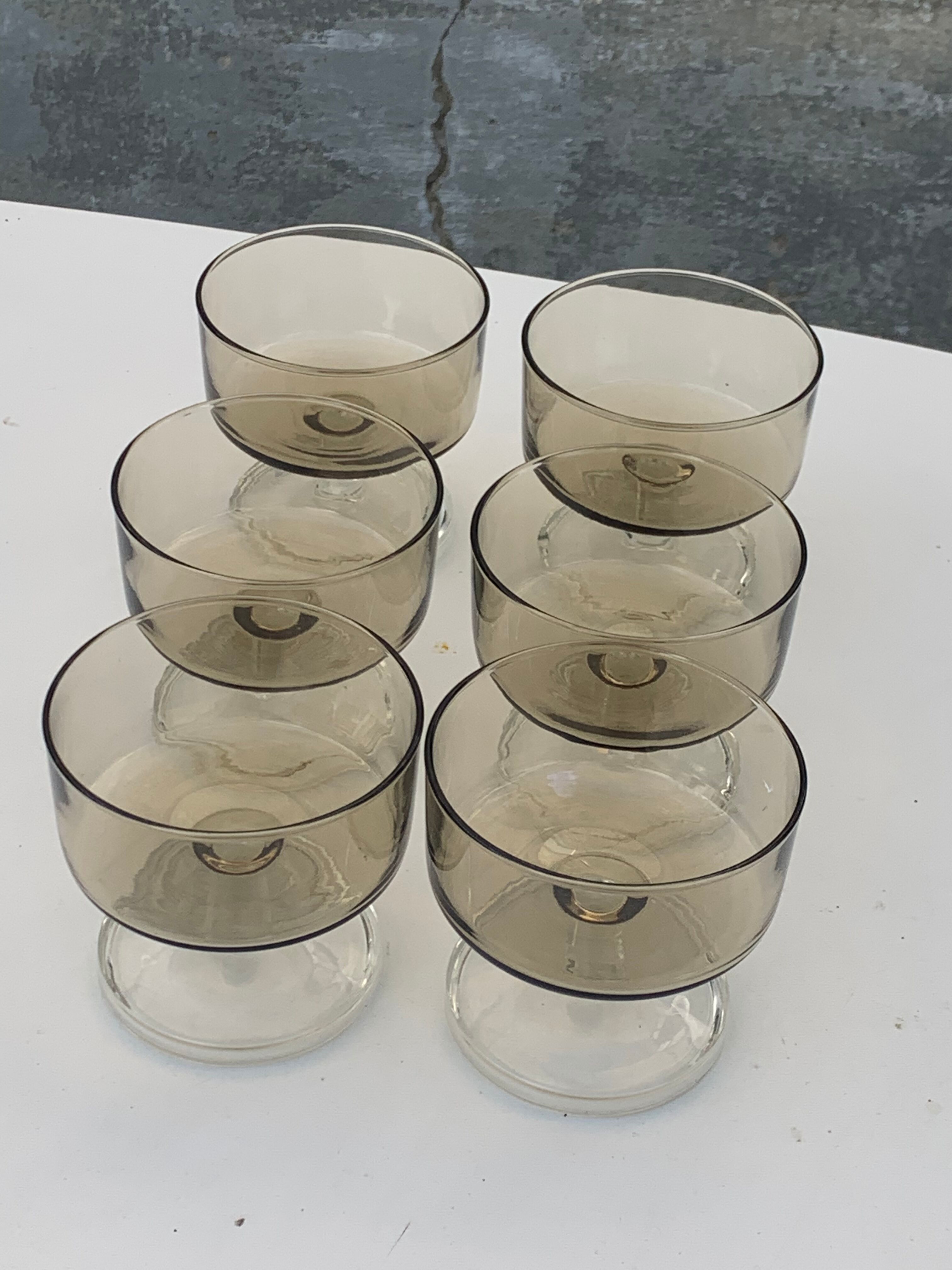 6 glasses of champagne two-tone brown and transparent vintage 1970