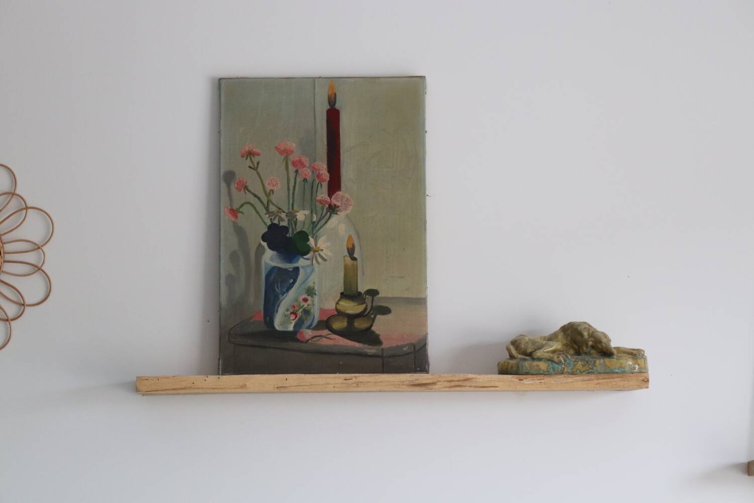 Tableau Huile sur toile bouquet de fleurs et bougies vintage