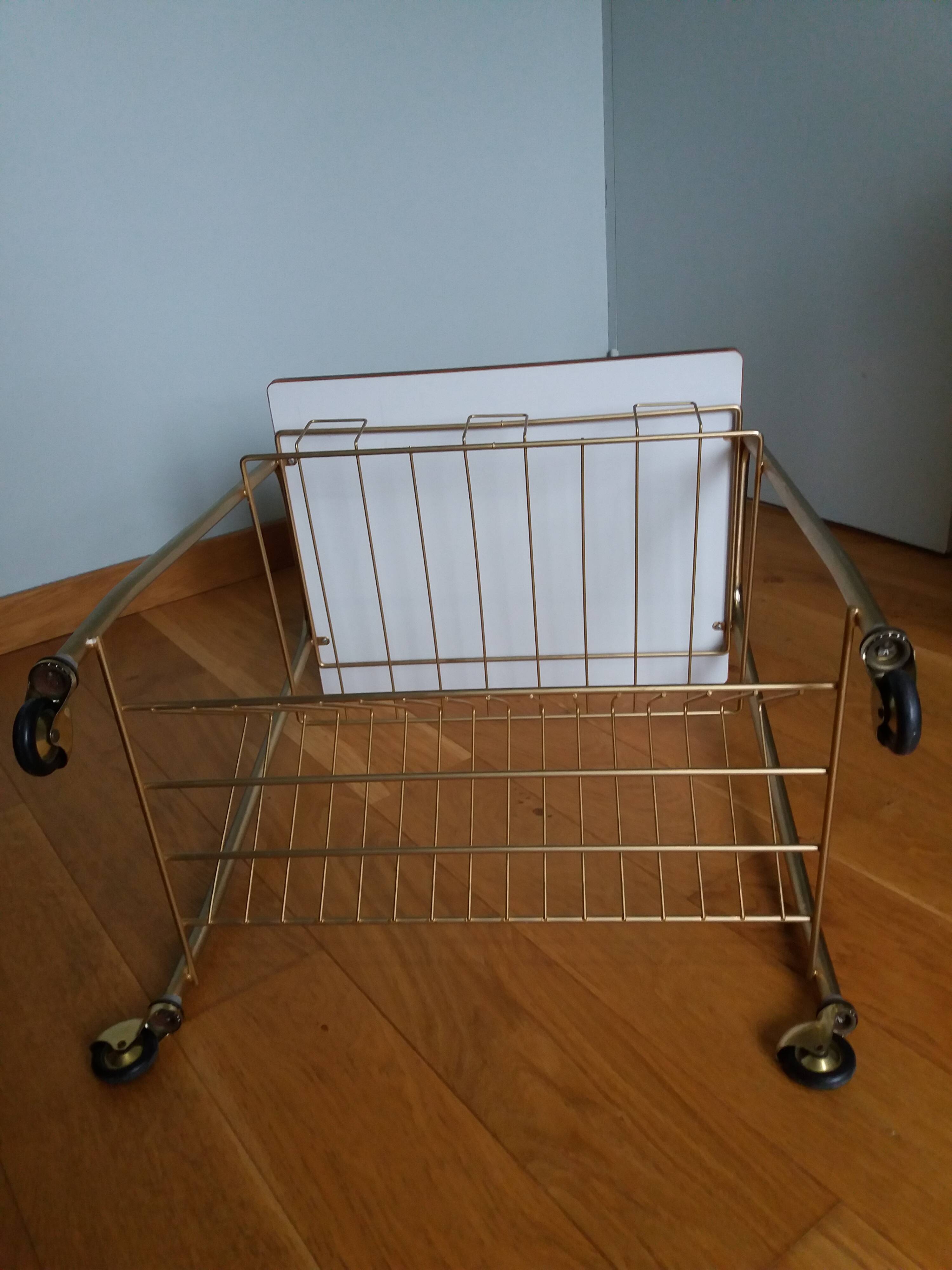 Table trolley for vinyls or magazines in gold metal and formica