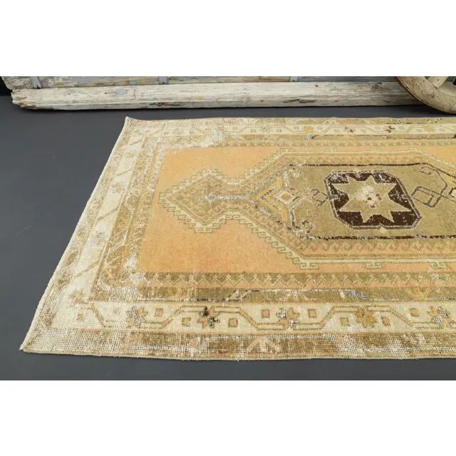 1970s Turkish Oushak Handmade Wool Cotton Orange Runner 109x337