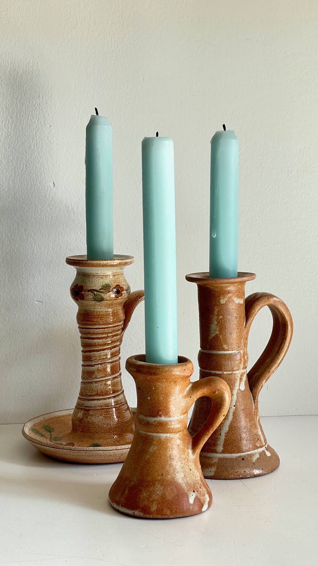3 vintage handcrafted pottery candle holders