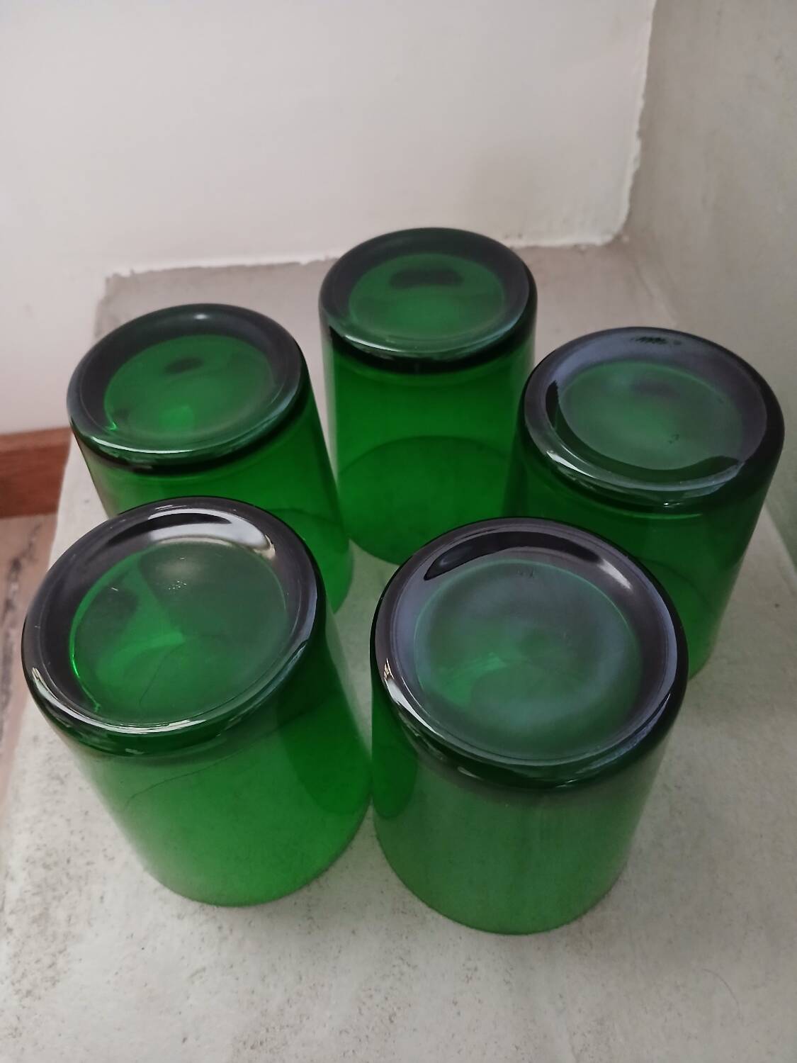 5 old green water glasses