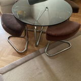 Table basse en métal  chromé et ses 4 poufs