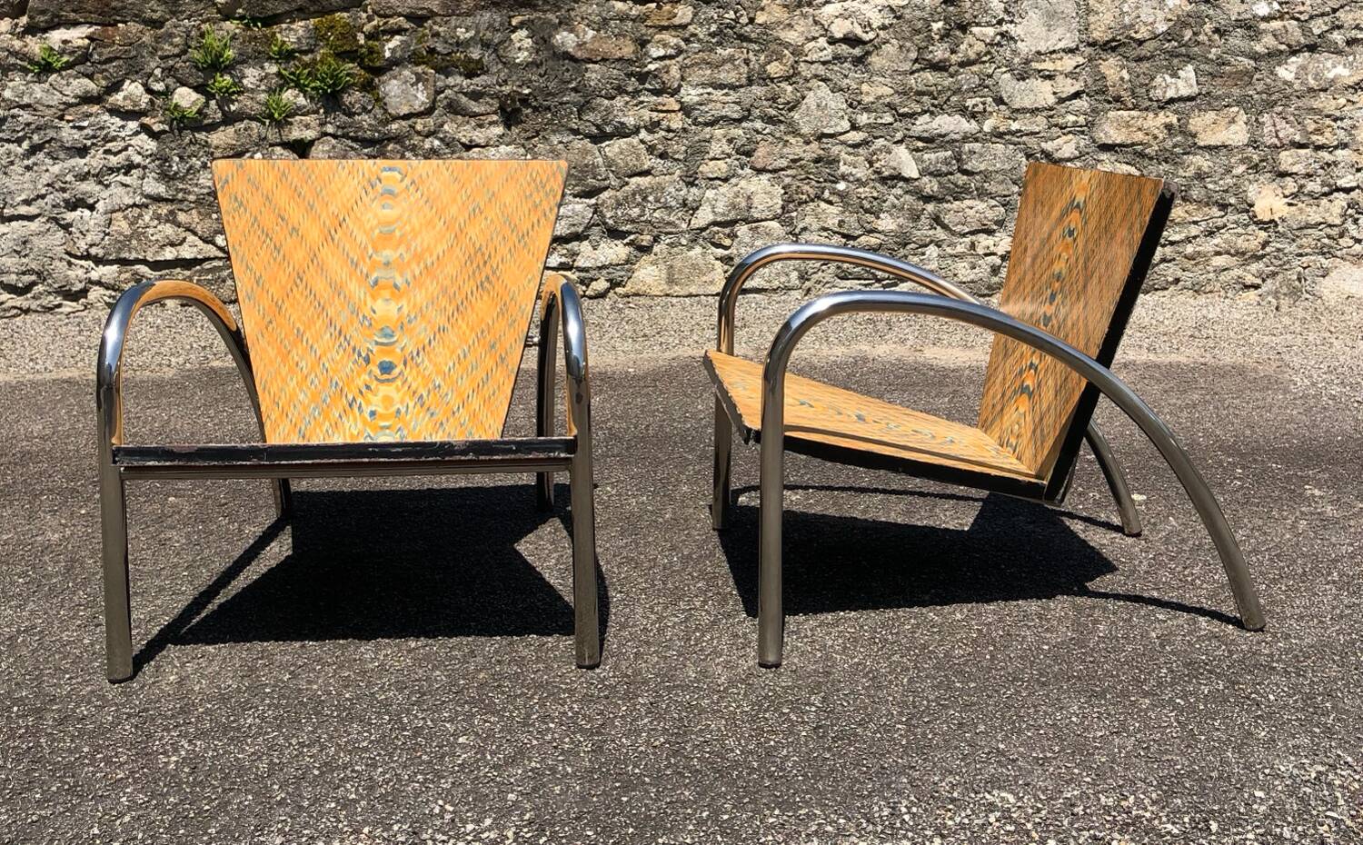 Pair of 2 atypical armchairs wood, chrome and leather vintage 1980