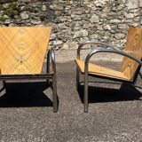 Pair of 2 atypical armchairs wood, chrome and leather vintage 1980