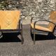 Pair of 2 atypical armchairs wood, chrome and leather vintage 1980
