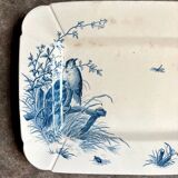 Small rectangular Gien dish in blue ironstone, "Birds" service from around 1870.