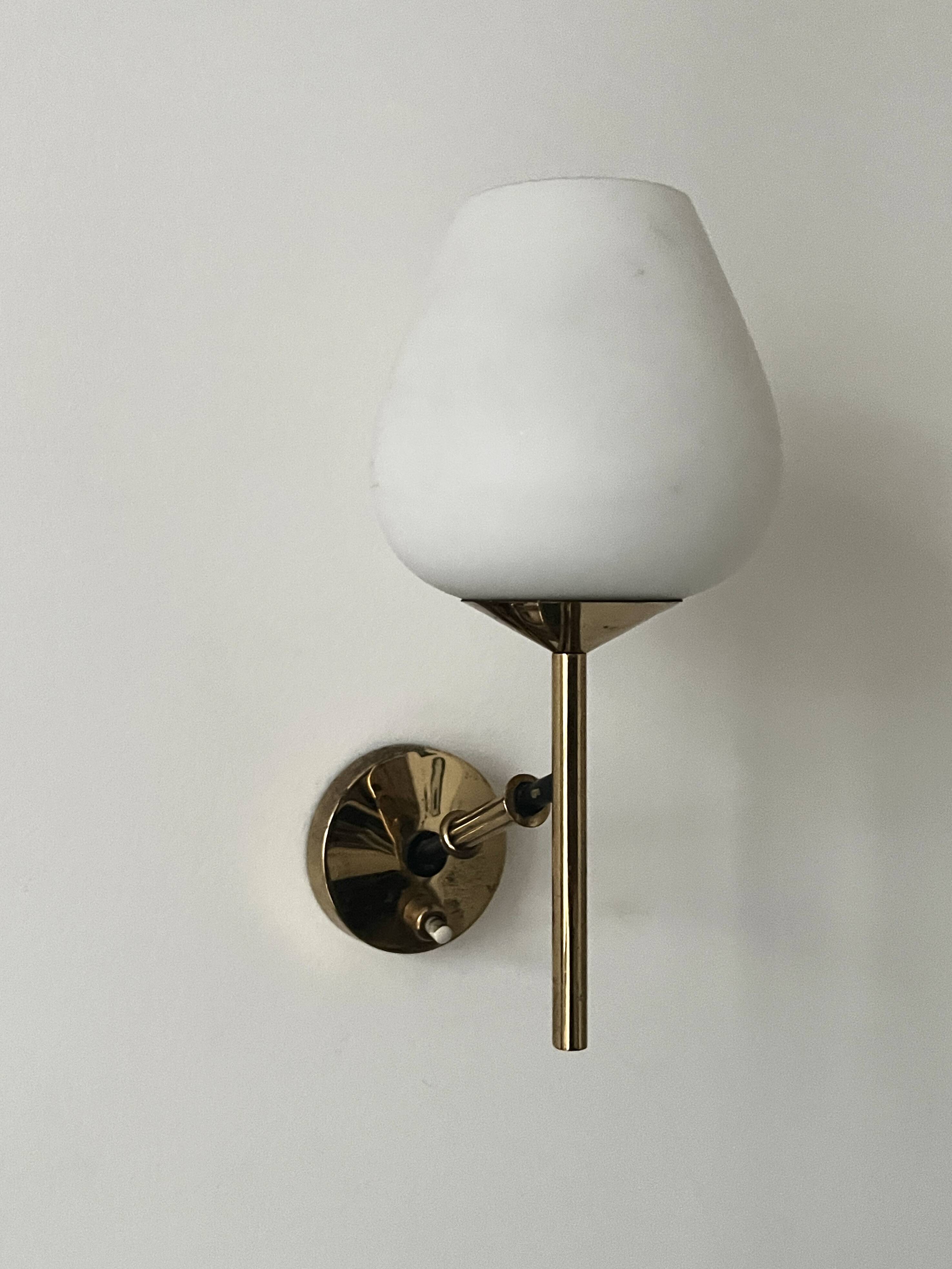 Brass and white opaline glass wall light, Arlus design 1950.