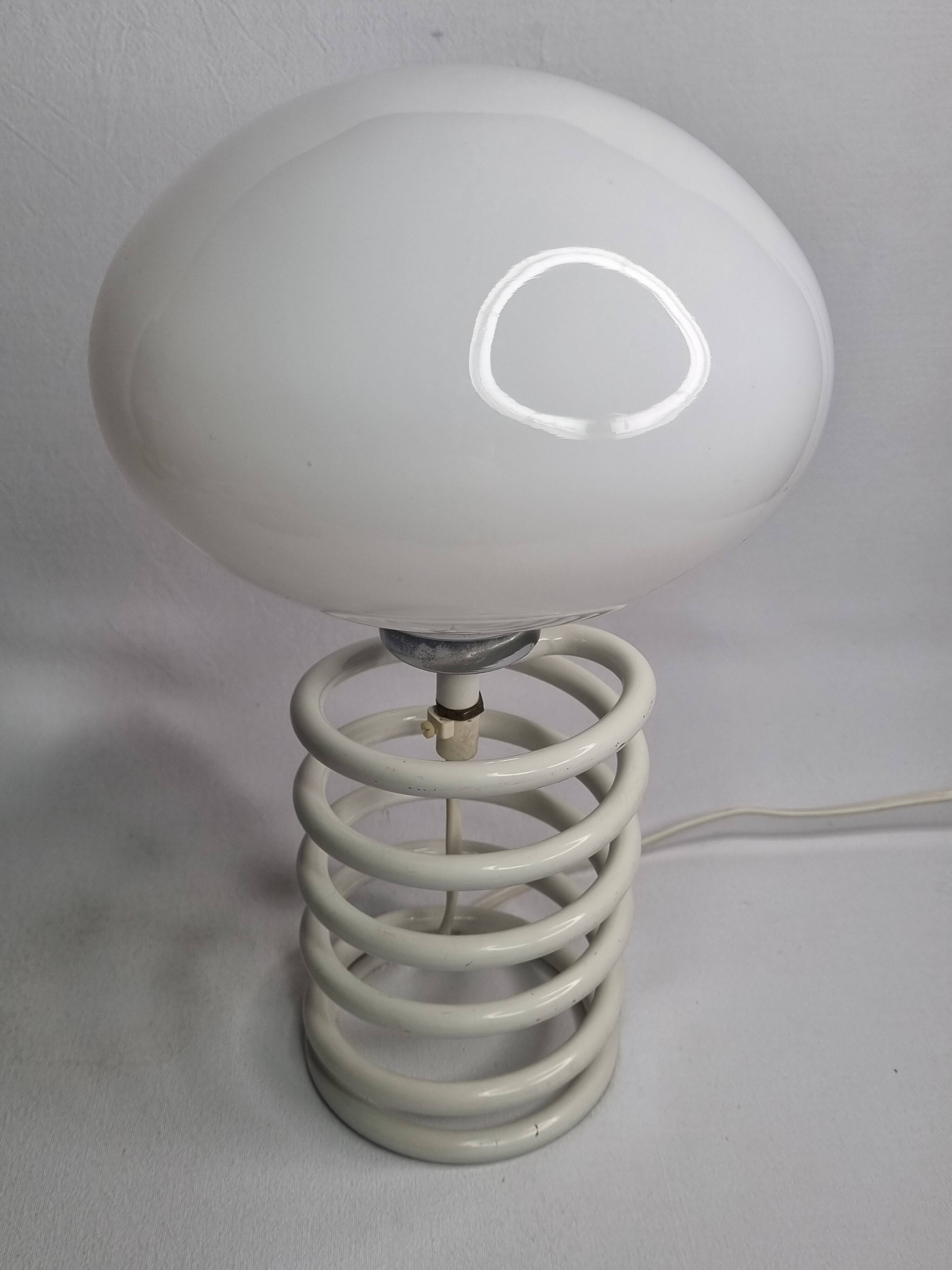 Vintage table lamp with spring base, opaline globe, Maurer style, 80s