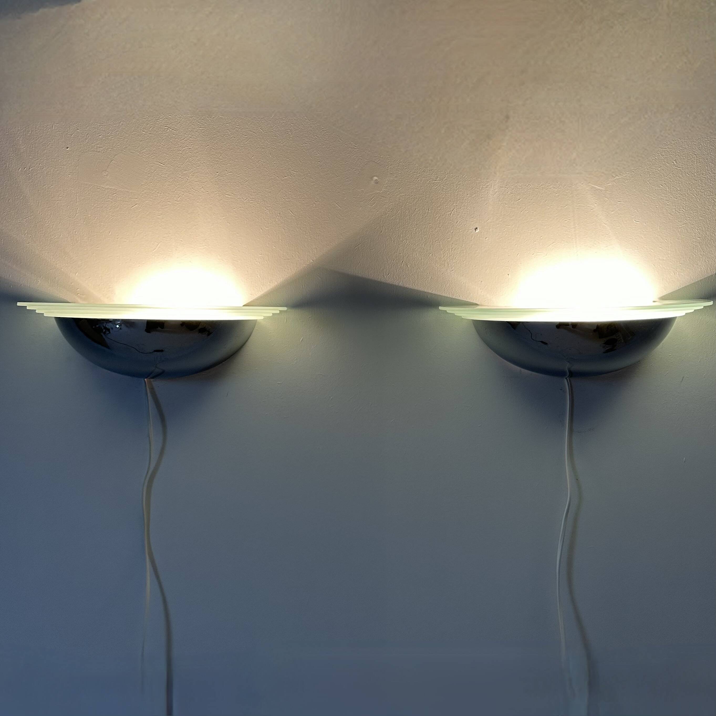 Pair of post modern wall lamps chrome and glass , 1980s