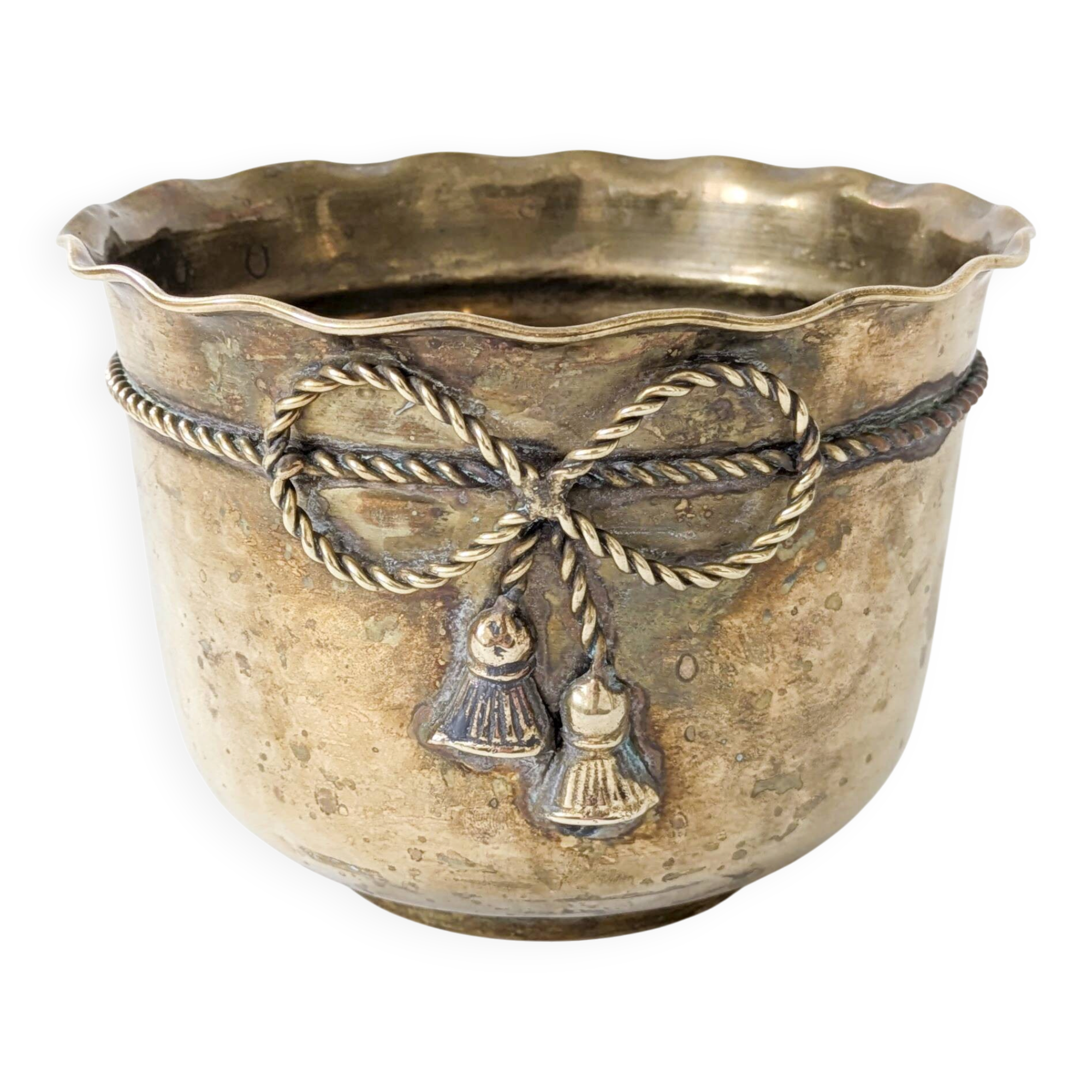Cache-pot vintage en laiton bord ondulé corde nouée torsadée
