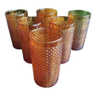 Set of 6 amber water glasses with diamond patterns