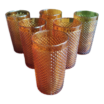 Set of 6 amber water glasses with diamond patterns