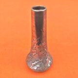 Art Nouveau soliflore vase by P. Chaumette, pewter, oak leaf decoration