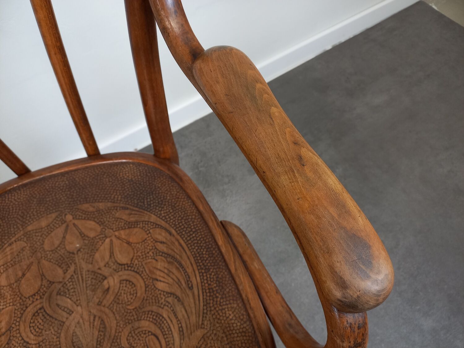 Pair of curved wooden bistro armchairs