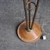 Lampadaire Art Déco 1940s en laiton et base bois, 3 branches, abat-jours beige