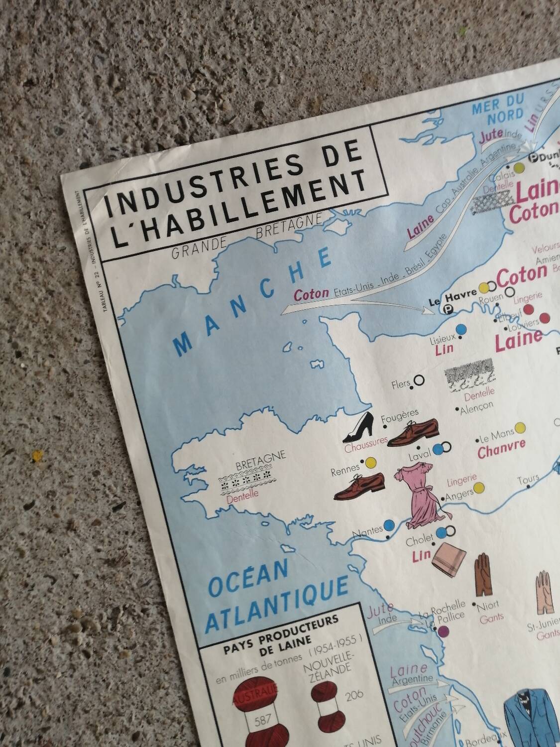 Vintage school map of France "Commerce and Clothing"