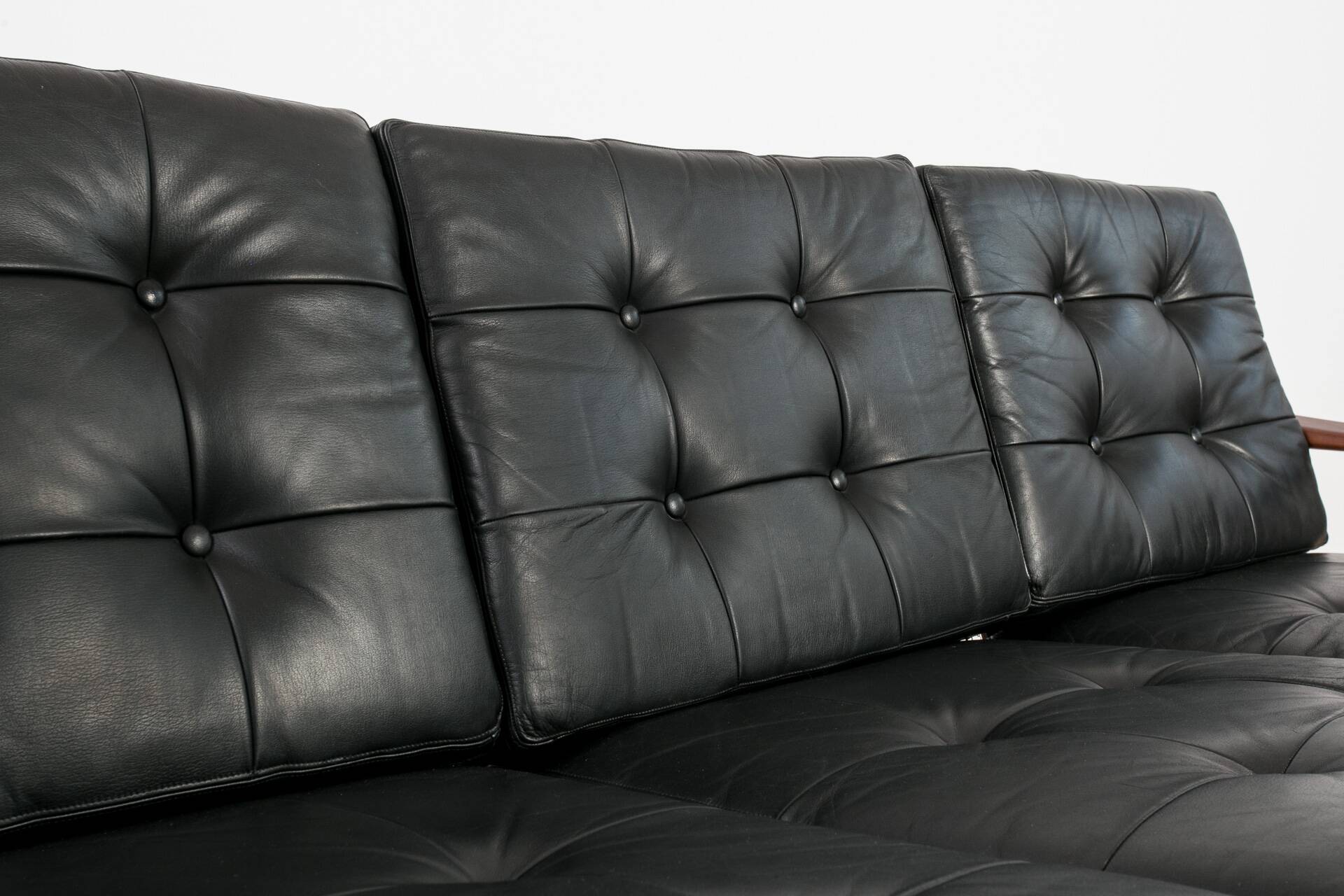 Scandinavian Three-Seat Sofa in Solid Wood and Black Leather, 1960s
