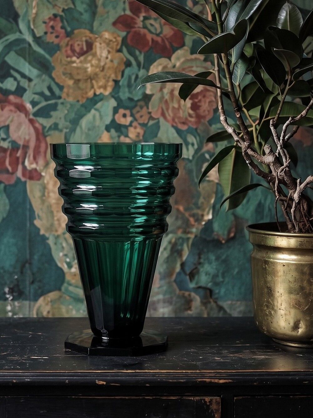 Large antique Art Deco emerald cut crystal vase, Bohemia 1920-1930