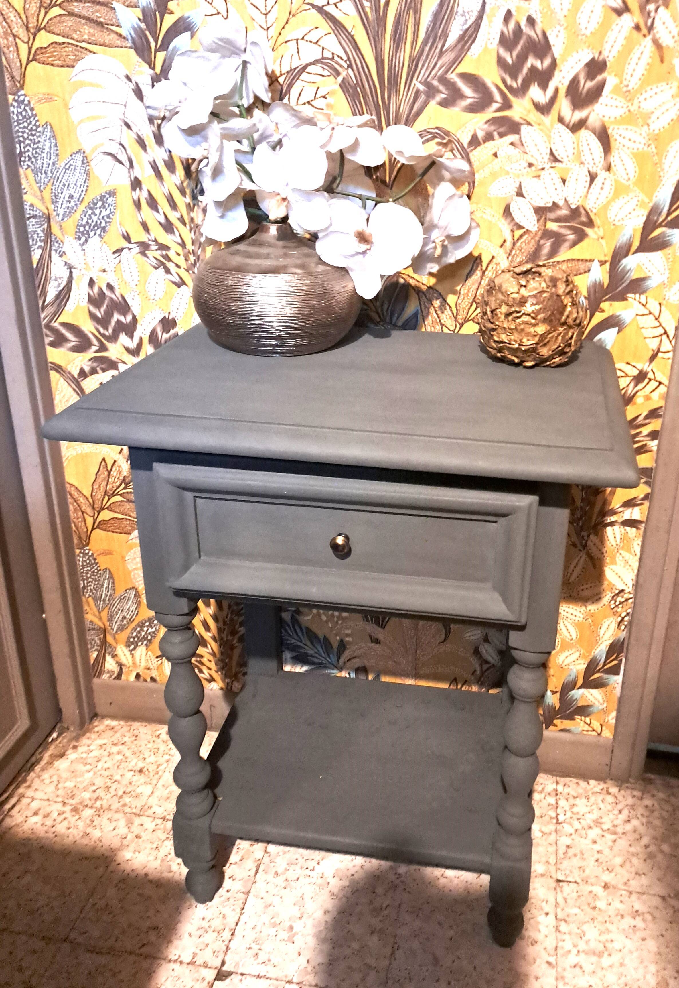 Restored 1900 bedside table in solid wood painted in Gustavian grey