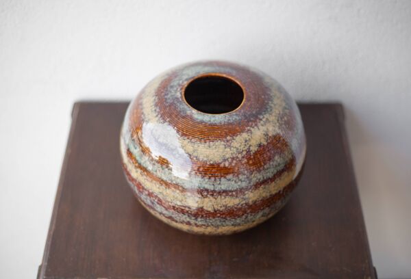 Vase céramique vernissée striée, vase boule, pot à fleurs, décoration intérieur, collection, 70's