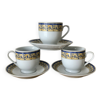 Set of 3 blue and yellow ceramic coffee cups and saucers