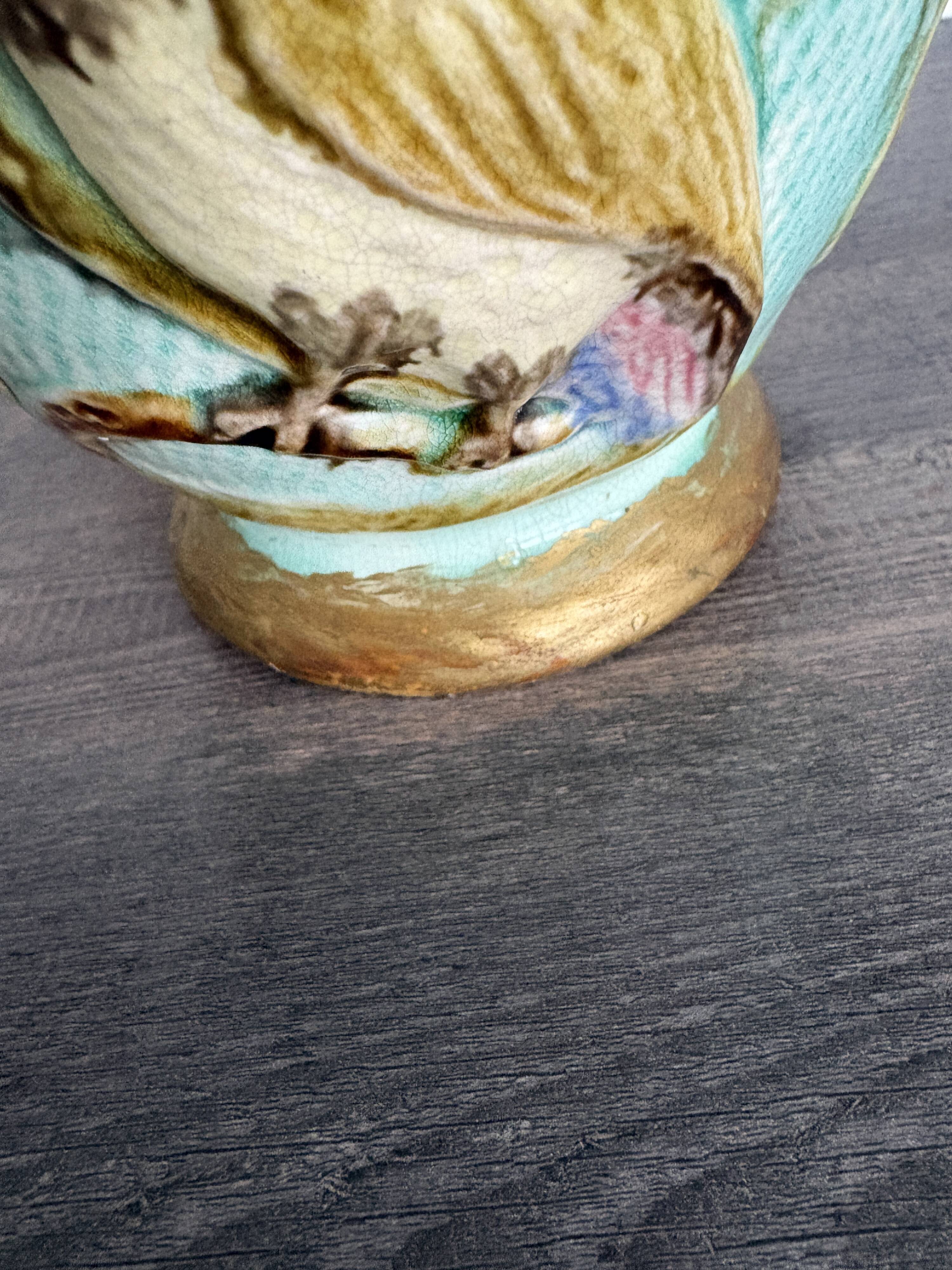 Pichet barbotine 19th century with bird decoration.