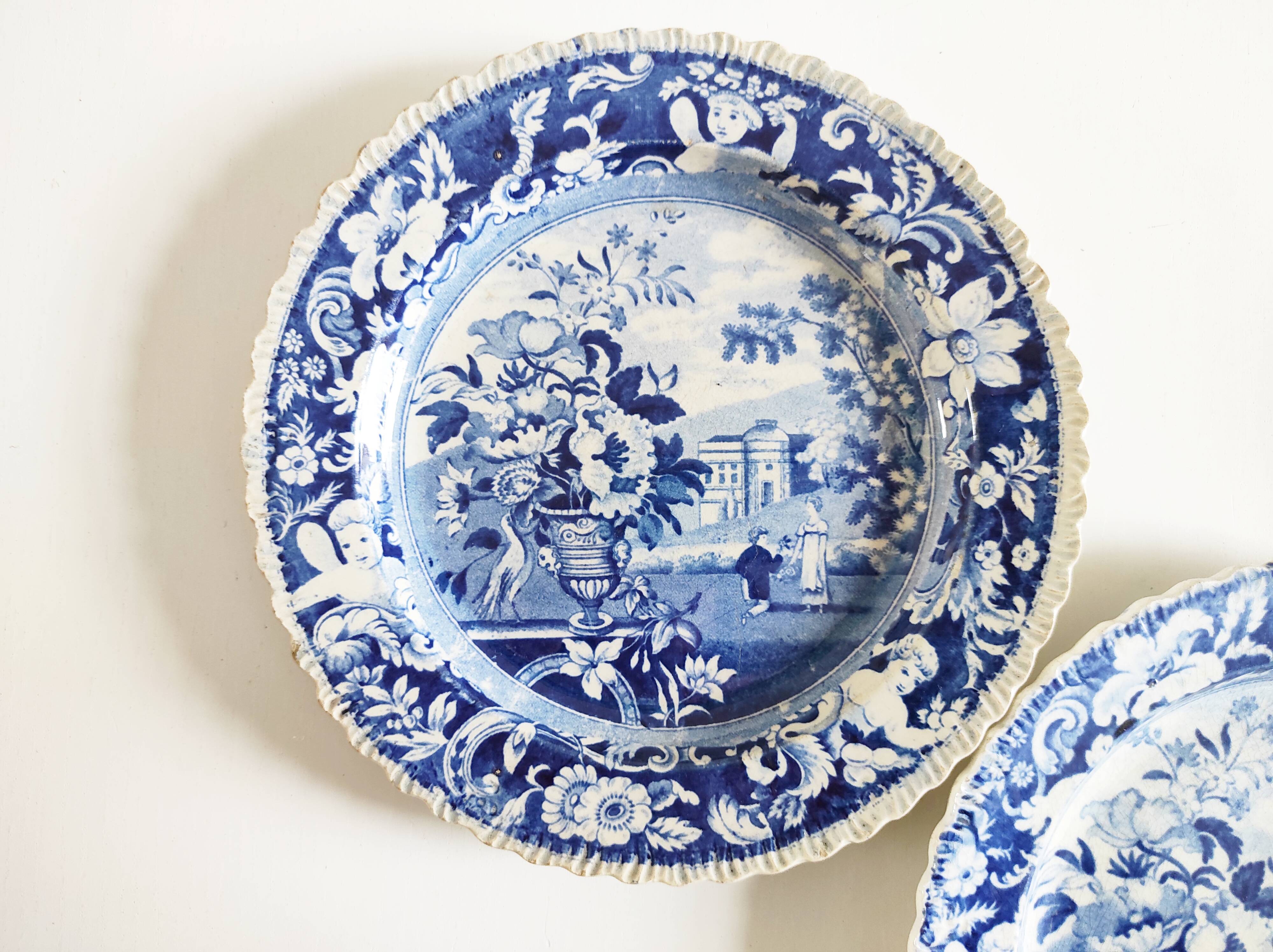 Five 19th century Calais earthenware plates with a romantic gallant couple decor