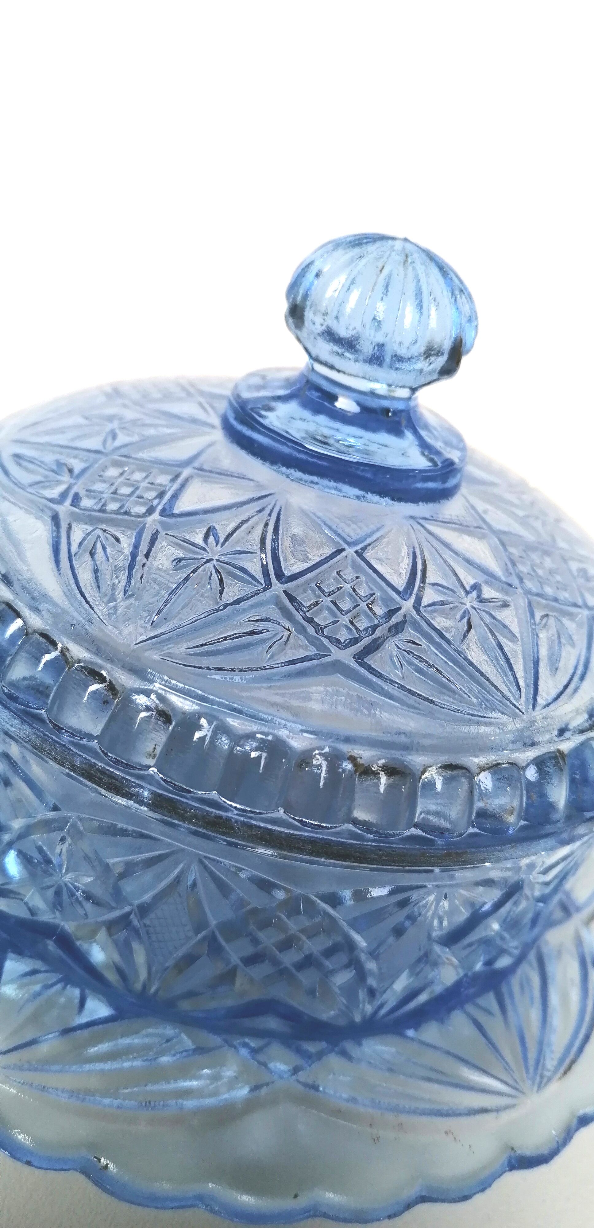 Sweeten candy box in blue pressed molded glass