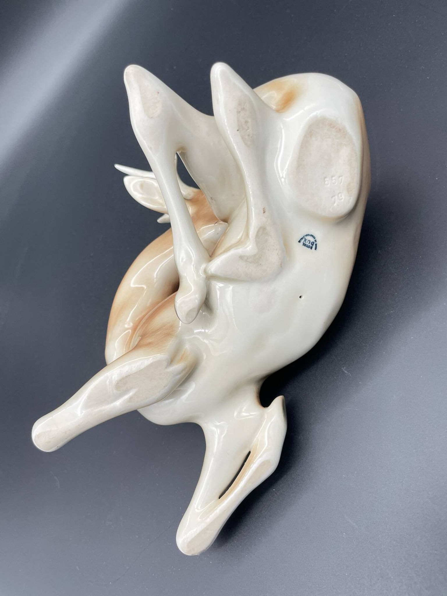 Royal Dux porcelain lying deer – Vintage Bohemian sculpture, model