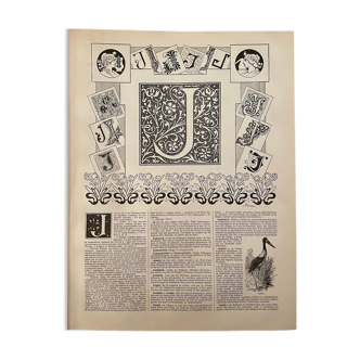 Lithographie gravure alphabet lettre J de 1897