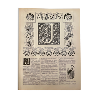 Lithograph engraving alphabet letter J of 1897