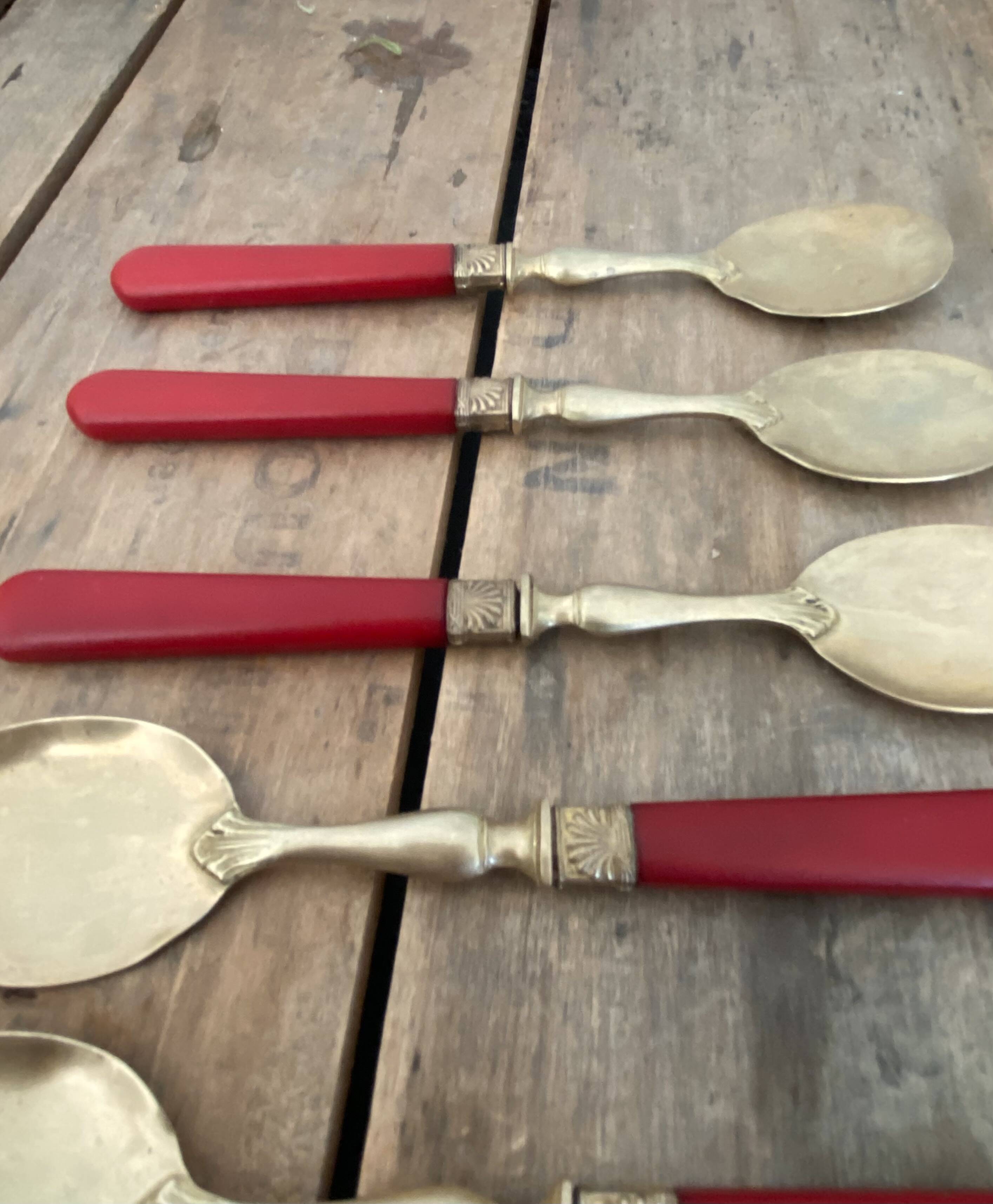 Six cuillères à glace en laiton et bakélite