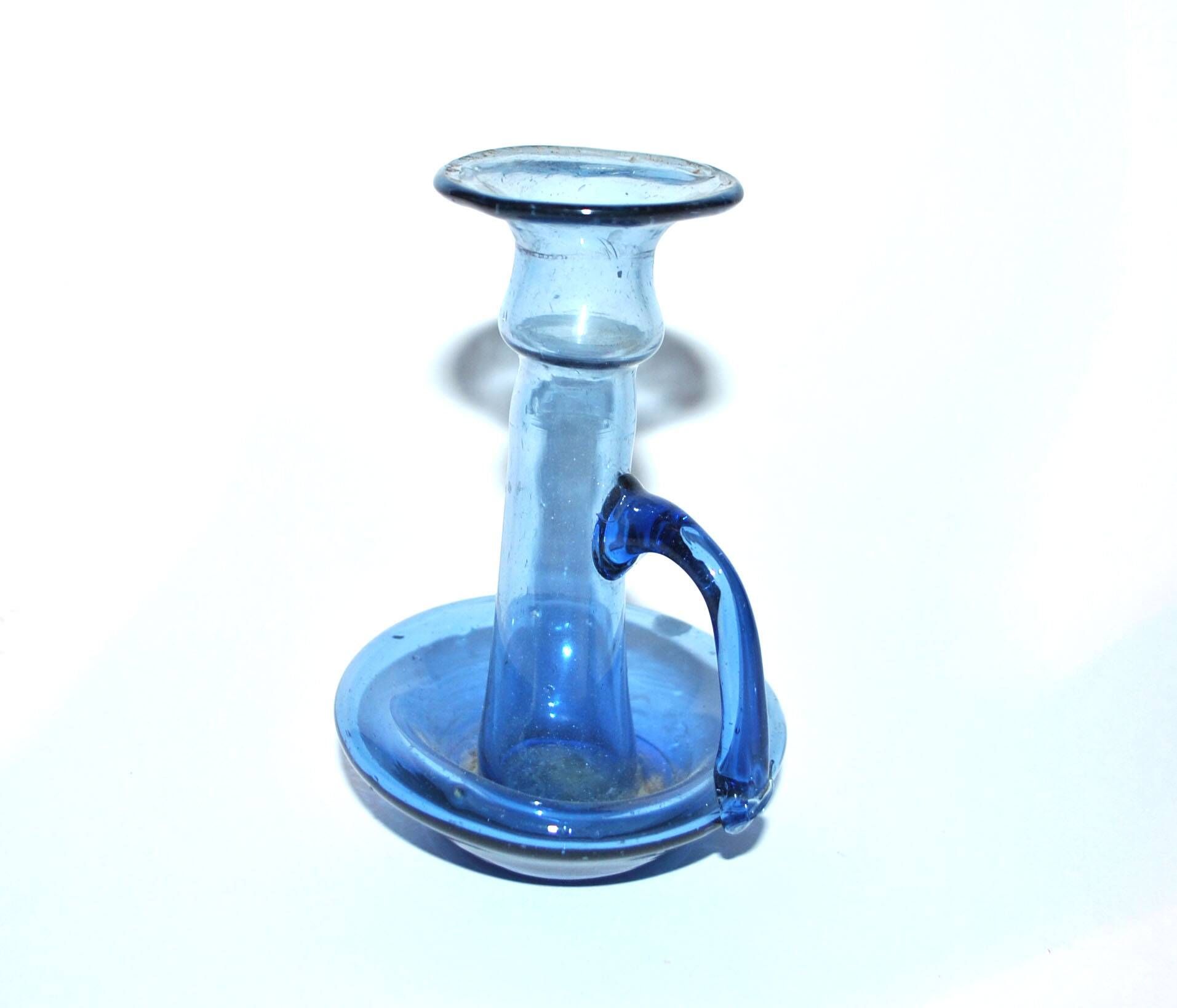 Antique candle holder in blue blown glass ras de cave folk art 19th c.