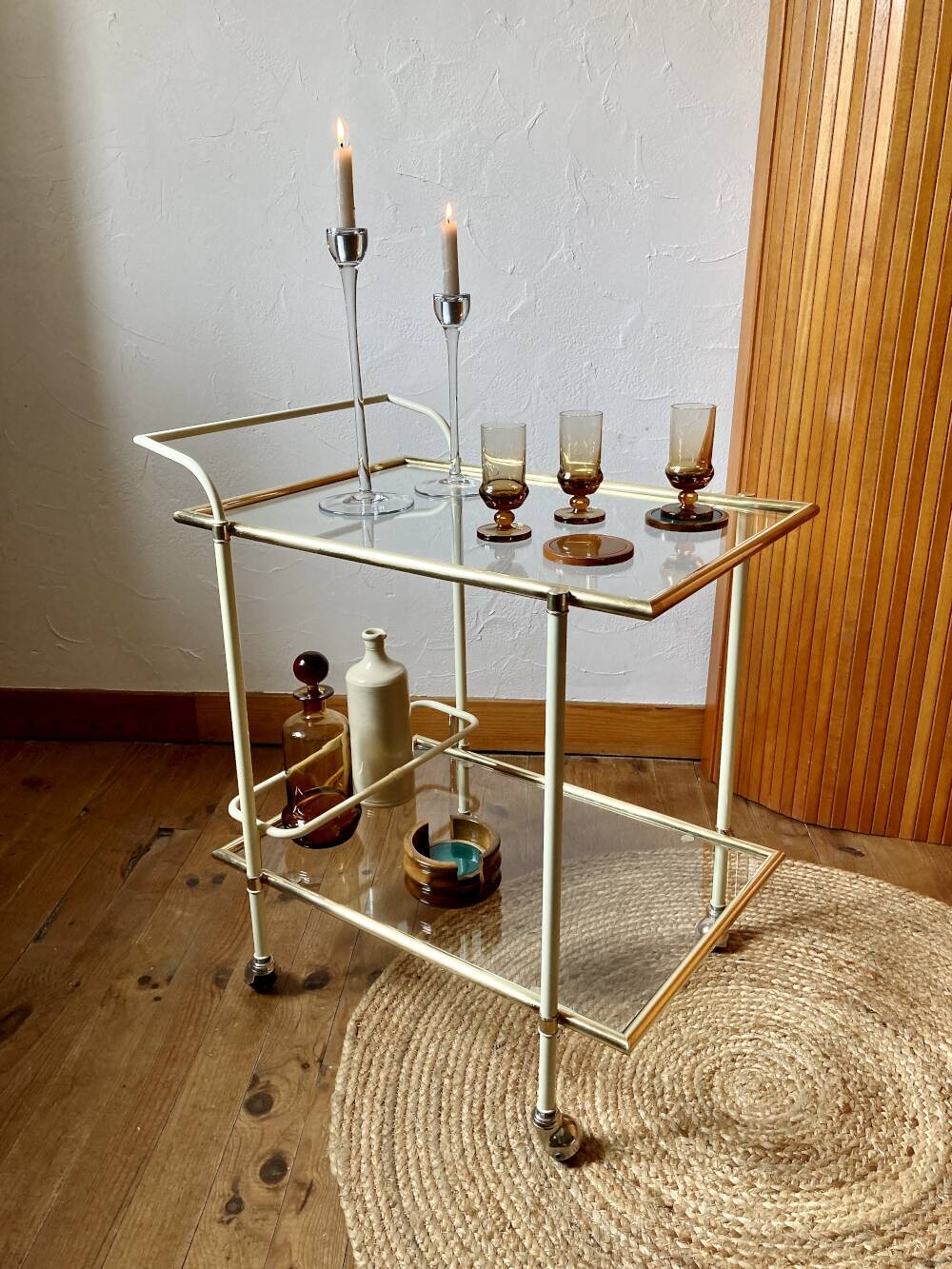 Dessert table with a cream-coloured metal structure and golden brass, 1960s.
