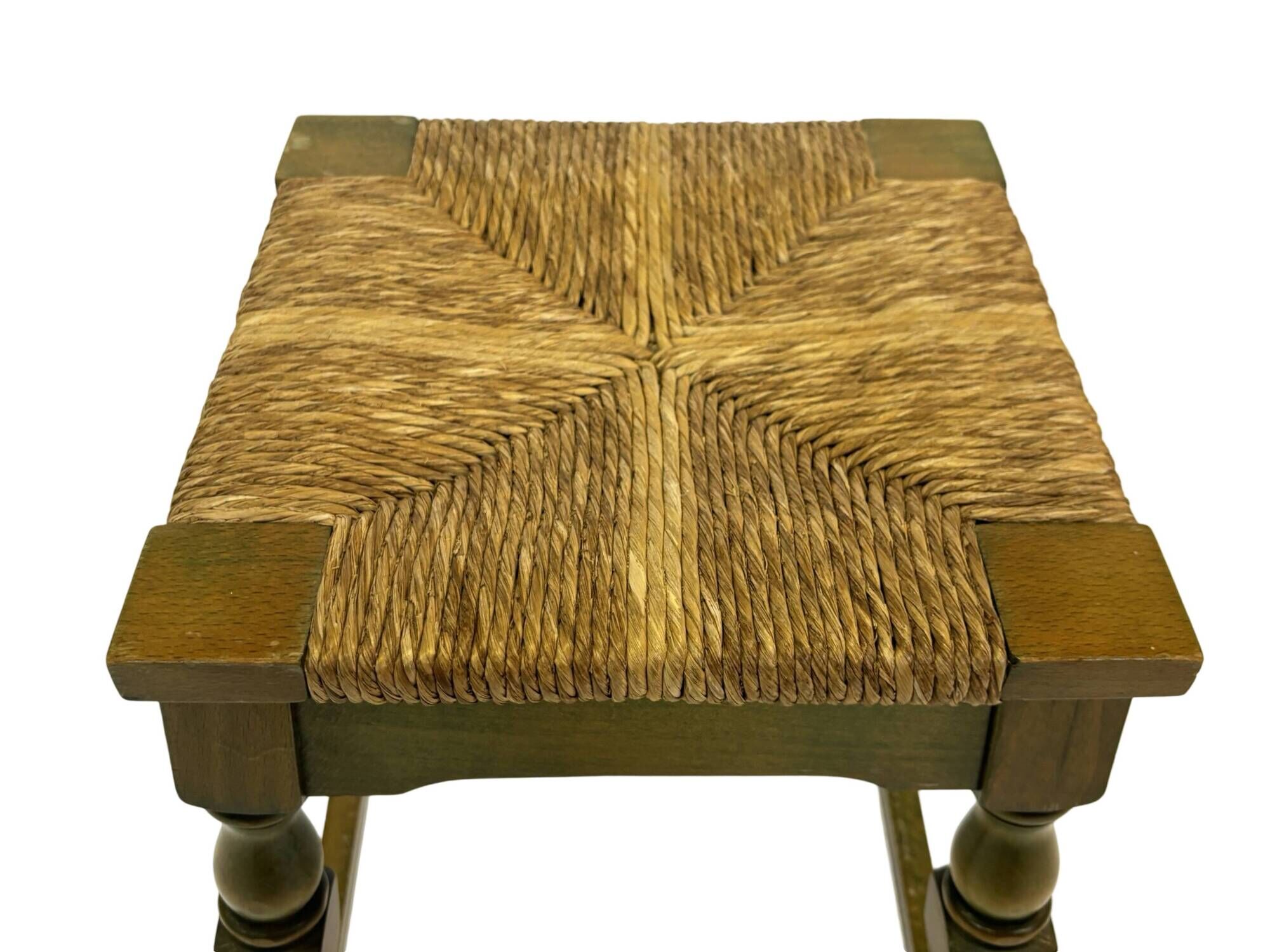 Vintage wooden stool straw seat 70s minimalist design in green