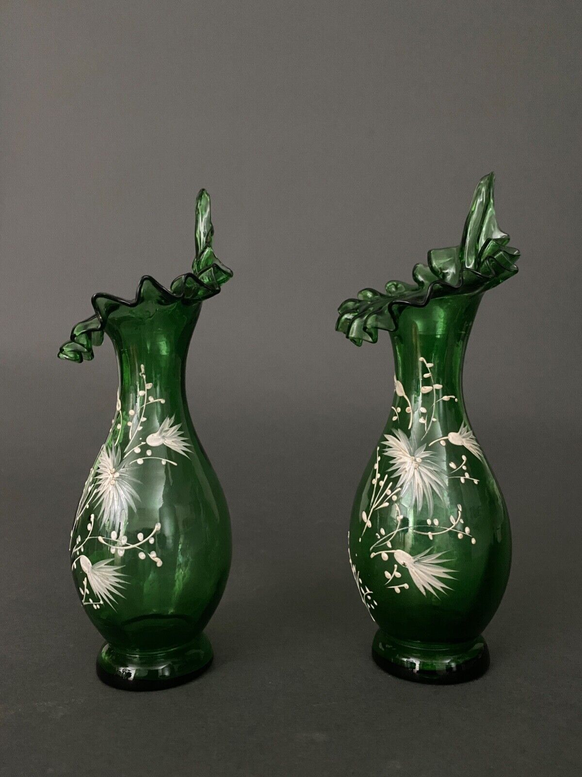 Pair of Marie Gregory vases in green floral decoration enamelled 1900